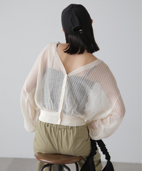 FREE'S MART（フリーズマート）の「前後2WAYシアーチェックボリュームスリーブカーディガン（カーディガン/ボレロ・レディース・ブラック/ホワイト/グリーン・FREE）」の9枚目の写真