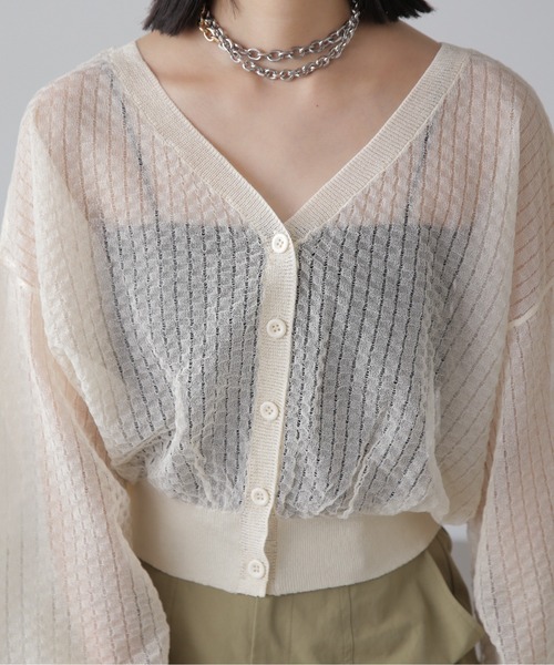 FREE'S MART（フリーズマート）の「前後2WAYシアーチェックボリュームスリーブカーディガン（カーディガン/ボレロ・レディース・ブラック/ホワイト/グリーン・FREE）」の15枚目の写真