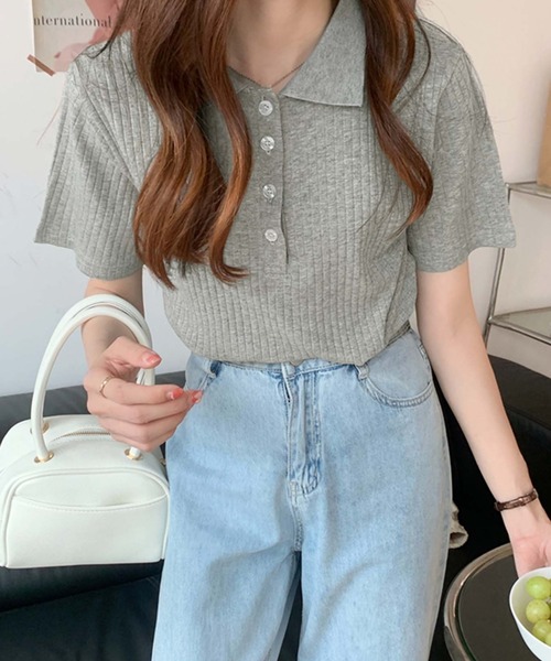 Girly Doll(ガーリードール)の「コットンリブ半袖ポロシャツ(Tシャツ/カットソー・レディース・ブラック/グレー/ベージュ/ブルー/ピンク・L/M)」の2枚目の写真