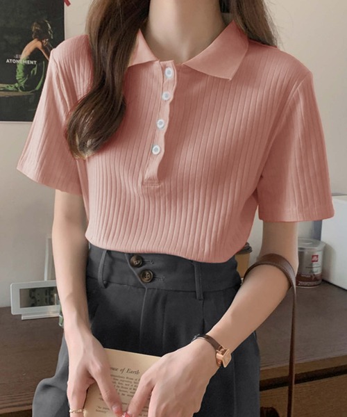 Girly Doll(ガーリードール)の「コットンリブ半袖ポロシャツ(Tシャツ/カットソー・レディース・ブラック/グレー/ベージュ/ブルー/ピンク・L/M)」の5枚目の写真