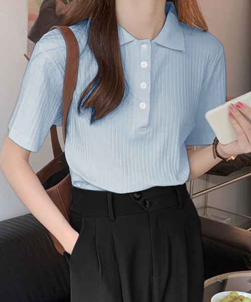 Girly Doll(ガーリードール)の「コットンリブ半袖ポロシャツ(Tシャツ/カットソー・レディース・ブラック/グレー/ベージュ/ブルー/ピンク・L/M)」の4枚目の写真