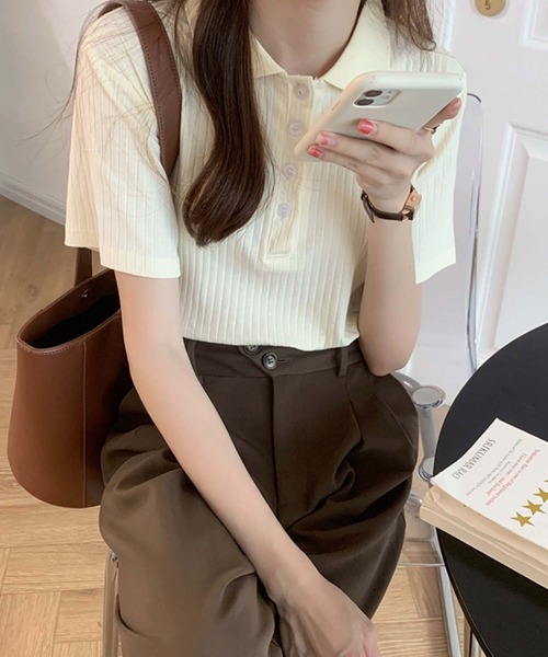 Girly Doll(ガーリードール)の「コットンリブ半袖ポロシャツ(Tシャツ/カットソー・レディース・ブラック/グレー/ベージュ/ブルー/ピンク・L/M)」の6枚目の写真