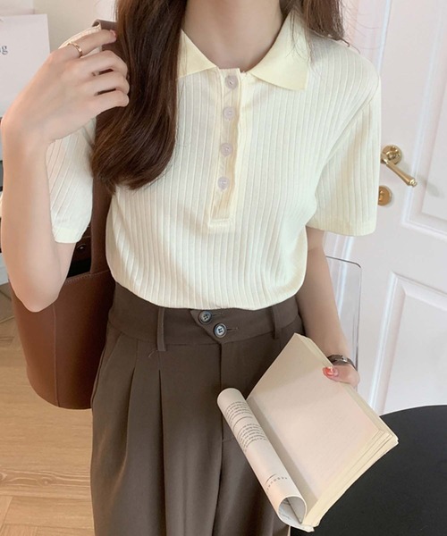 Girly Doll(ガーリードール)の「コットンリブ半袖ポロシャツ(Tシャツ/カットソー・レディース・ブラック/グレー/ベージュ/ブルー/ピンク・L/M)」の7枚目の写真