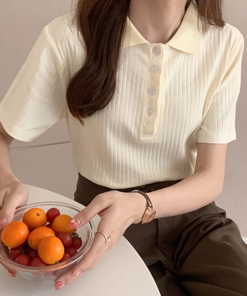 Girly Doll(ガーリードール)の「コットンリブ半袖ポロシャツ(Tシャツ/カットソー・レディース・ブラック/グレー/ベージュ/ブルー/ピンク・L/M)」の8枚目の写真