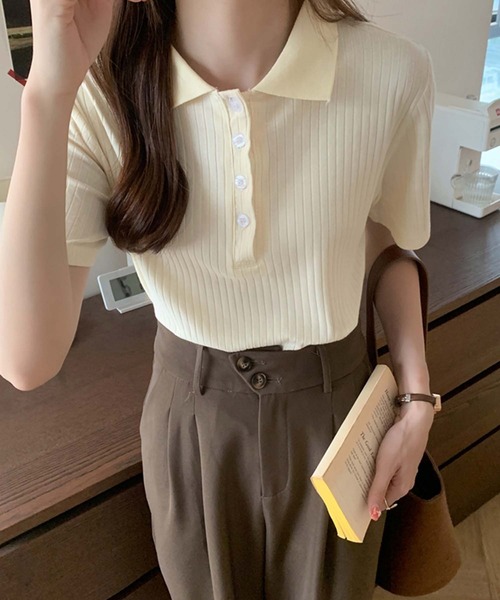 Girly Doll(ガーリードール)の「コットンリブ半袖ポロシャツ(Tシャツ/カットソー・レディース・ブラック/グレー/ベージュ/ブルー/ピンク・L/M)」の9枚目の写真
