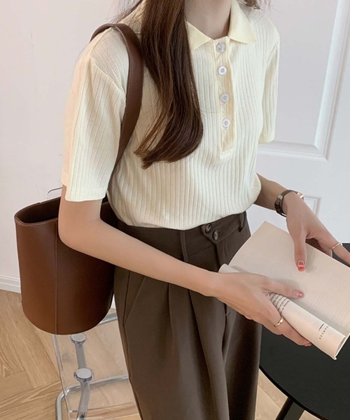 Girly Doll(ガーリードール)の「コットンリブ半袖ポロシャツ(Tシャツ/カットソー・レディース・ブラック/グレー/ベージュ/ブルー/ピンク・L/M)」の16枚目の写真