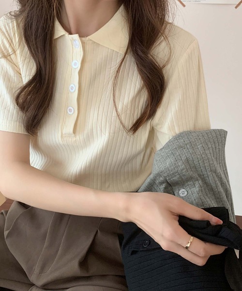 Girly Doll(ガーリードール)の「コットンリブ半袖ポロシャツ(Tシャツ/カットソー・レディース・ブラック/グレー/ベージュ/ブルー/ピンク・L/M)」の11枚目の写真