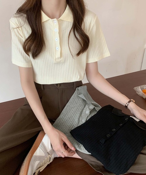 Girly Doll(ガーリードール)の「コットンリブ半袖ポロシャツ(Tシャツ/カットソー・レディース・ブラック/グレー/ベージュ/ブルー/ピンク・L/M)」の13枚目の写真