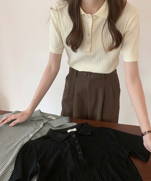 Girly Doll(ガーリードール)の「コットンリブ半袖ポロシャツ(Tシャツ/カットソー・レディース・ブラック/グレー/ベージュ/ブルー/ピンク・L/M)」の15枚目の写真