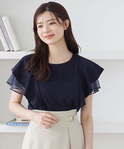 12Twelve Agenda(トゥエルブ アジェンダ)の「ラメチュールフリルスリーブカットソープルオーバー(Tシャツ/カットソー・レディース・イエロー/ネイビー/オフホワイト・M)」の3枚目の写真