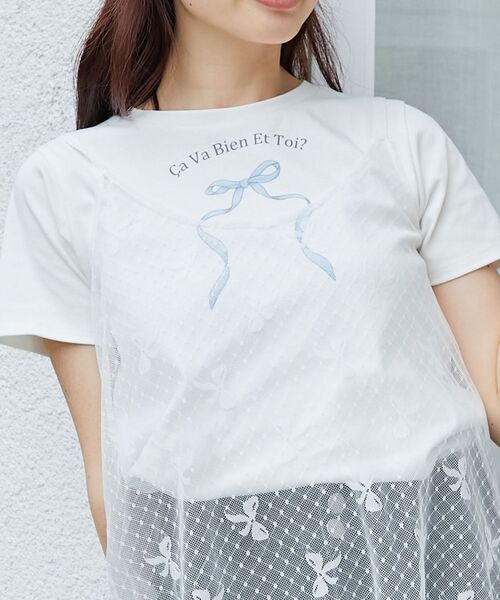 MAJESTIC LEGON（マジェスティックレゴン）の「リボンモチーフTシャツ（Tシャツ/カットソー・レディース・ホワイト系その他/ブラック/オフホワイト/ブラック系その他/ブルー・MEDIUM）」の2枚目の写真