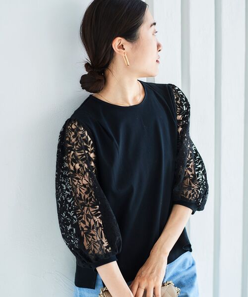 le.coeur blanc（ルクールブラン）の「シアーレースキリカエプルオーバー（Tシャツ/カットソー・レディース・ブラック/オフホワイト・38）」の6枚目の写真