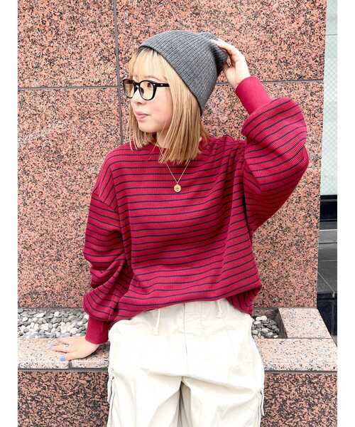 Ungrid(アングリッド)の「【WEB限定】スリーブボリュームワッフルボーダーロングスリーブTee(Tシャツ/カットソー・レディース・ネイビー/グリーン/レッド・FREE)」の3枚目の写真