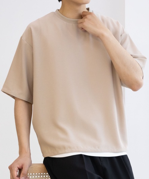NAVY（ネイビー）の「麻調DRYクルーネックアンサンブル(Tシャツ＋タンクトップ)（Tシャツ/カットソー・メンズ・ブラック/ベージュ・M/L/XL）」の9枚目の写真