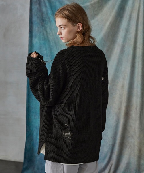 SERACE（セラス）の「【SERACE】Loose silhouette crash damage knit / ルーズシルエットクラッシュダメージニット（ニット/セーター・メンズ・ホワイト/ブラック・M/L）」の6枚目の写真