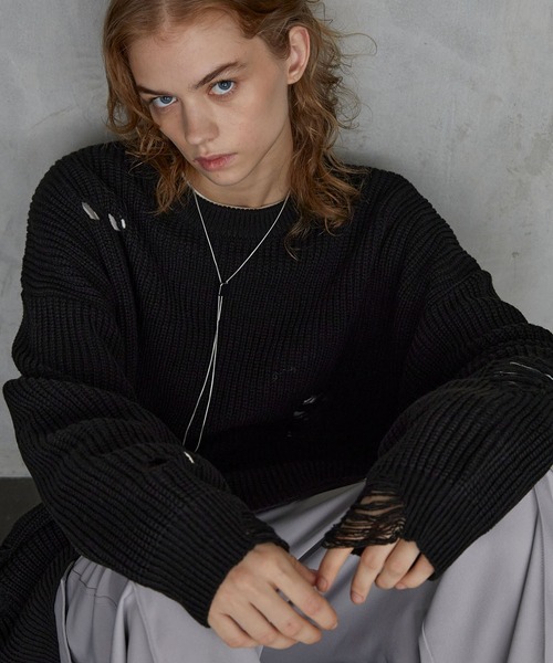 SERACE（セラス）の「【SERACE】Loose silhouette crash damage knit / ルーズシルエットクラッシュダメージニット（ニット/セーター・メンズ・ホワイト/ブラック・M/L）」の7枚目の写真