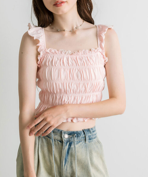 OLIVE des OLIVE（オリーブデオリーブ）の「シャーリングキャミソール（キャミソール・レディース・オフホワイト/ブラック/ピンク/チェック・FREE）」の4枚目の写真