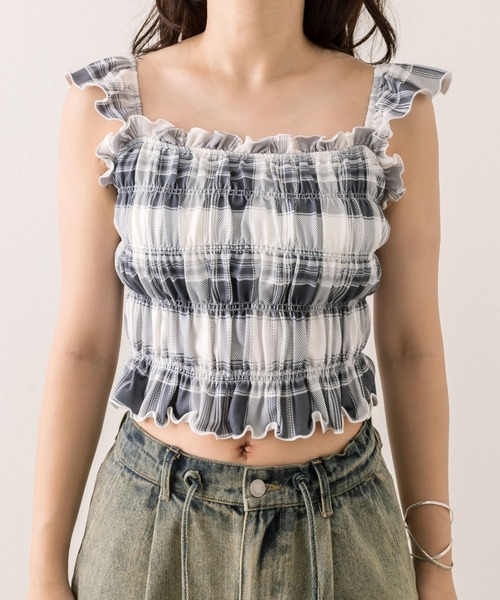 OLIVE des OLIVE（オリーブデオリーブ）の「シャーリングキャミソール（キャミソール・レディース・オフホワイト/ブラック/ピンク/チェック・FREE）」の11枚目の写真