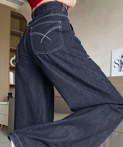 Doux Belle（ドゥーベル）の「ワイドフレアデニム（デニムパンツ・レディース・インディゴブルー・X-SMALL/SMALL/MEDIUM/LARGE）」の3枚目の写真