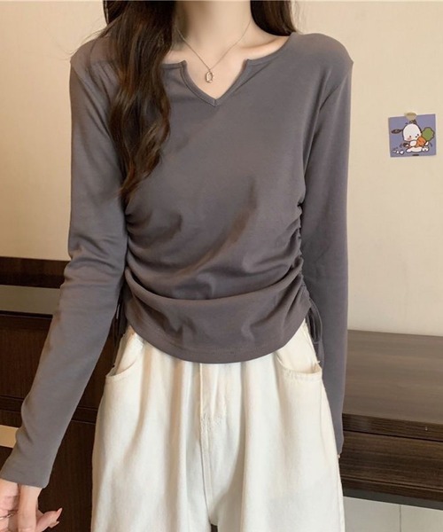 INASTUDIOS(イーナストゥディオス)の「サイドリボン付き スクエアネックトップス(Tシャツ/カットソー・レディース・ブラック/ホワイト/グレー/ピンク・MEDIUM/LARGE/X-LARGE/XX-LARGE)」の3枚目の写真