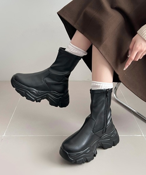 Shoes in Closet（シューズインクローゼット）の「厚底 スニーカーソール ストレッチ ブーツ 2456（ブーツ・レディース・ダークブラウン/ブラック・S/M/L/LL）」の11枚目の写真