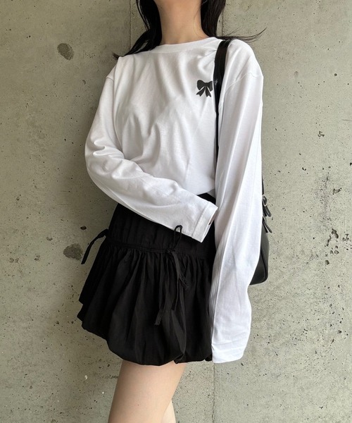 donk リボンtシャツ kiosquecc セール】ワンポイントリボンロングTシャツ（Tシャツ/カットソー