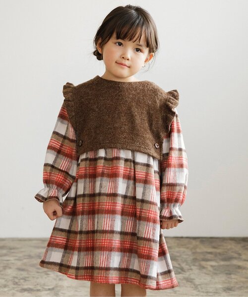 Seraph（セラフ）の「【リンク】シャギーチェックベストセットワンピース（ワンピース・キッズ・ブラウン/ネイビー・80/90/100/110/120/130/140）」の2枚目の写真