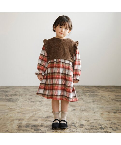 Seraph（セラフ）の「【リンク】シャギーチェックベストセットワンピース（ワンピース・キッズ・ブラウン/ネイビー・80/90/100/110/120/130/140）」の17枚目の写真
