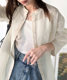 【冷房・ 紫外線・日焼け対策】大人の抜け感。メッシュバンドカラーオーバーサイズシャツ(長袖)