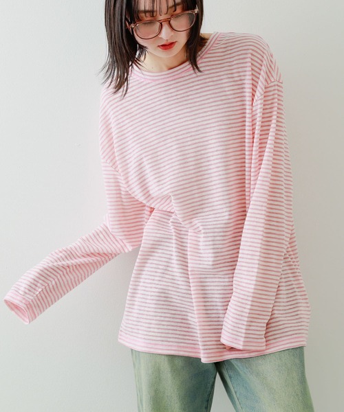 SENSE OF PLACE by URBAN RESEARCH（センスオブプレイスバイアーバンリサーチ）の「シアーボーダールーズTシャツ（Tシャツ/カットソー・レディース・ネイビー/グレー/ピンク・ONE）」の3枚目の写真