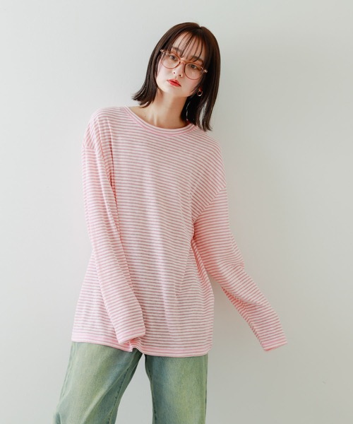 SENSE OF PLACE by URBAN RESEARCH（センスオブプレイスバイアーバンリサーチ）の「シアーボーダールーズTシャツ（Tシャツ/カットソー・レディース・ネイビー/グレー/ピンク・ONE）」の4枚目の写真