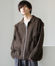 【MinoriTY】柔らかフリンジニットジップアップ襟付きカーディガン ニットポロ