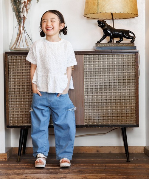 MAKE YOUR DAY（メイクユアデイ）の「ジャガードペプラム半袖Tシャツ■80～140cm（Tシャツ/カットソー・キッズ・ピンク/サックスブルー/オフホワイト・130/120/80/90/100/110/140）」の5枚目の写真