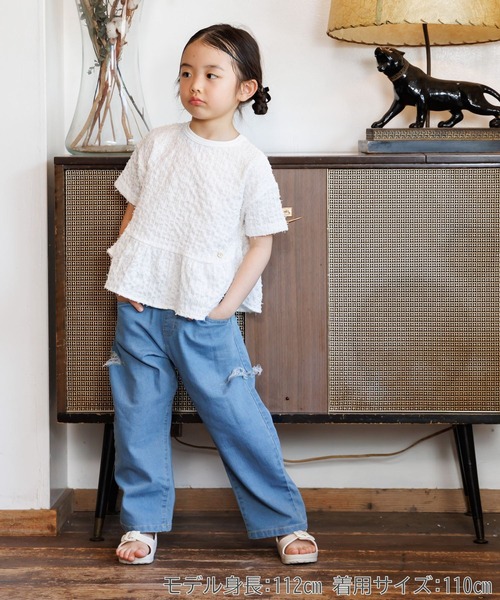 MAKE YOUR DAY（メイクユアデイ）の「ジャガードペプラム半袖Tシャツ■80～140cm（Tシャツ/カットソー・キッズ・ピンク/サックスブルー/オフホワイト・130/120/80/90/100/110/140）」の6枚目の写真