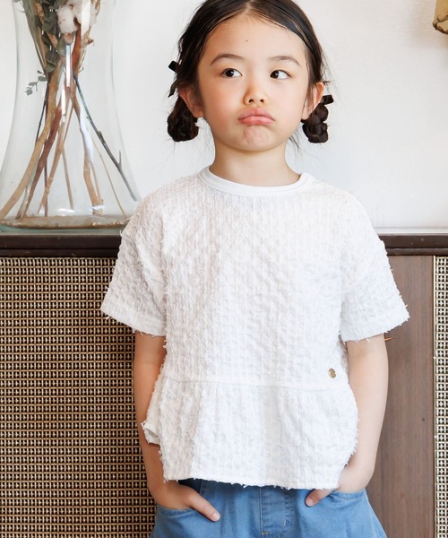 MAKE YOUR DAY（メイクユアデイ）の「ジャガードペプラム半袖Tシャツ■80～140cm（Tシャツ/カットソー・キッズ・ピンク/サックスブルー/オフホワイト・130/120/80/90/100/110/140）」の4枚目の写真