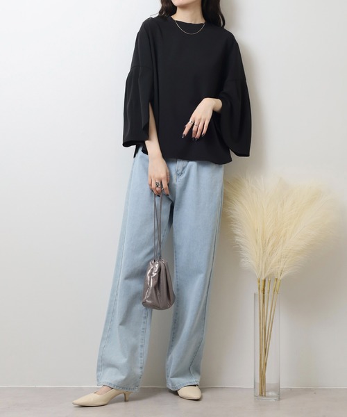 EGLANTINE(エグランティーヌ)の「EGLANTINE チューリップ袖 ダンボールプルオーバー バックジッパー 7分袖トップス(Tシャツ/カットソー・レディース・ブラック/サンドベージュ/キャメル・40)」の8枚目の写真
