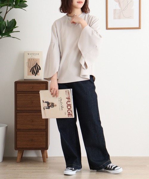 EGLANTINE(エグランティーヌ)の「EGLANTINE チューリップ袖 ダンボールプルオーバー バックジッパー 7分袖トップス(Tシャツ/カットソー・レディース・ブラック/サンドベージュ/キャメル・40)」の14枚目の写真