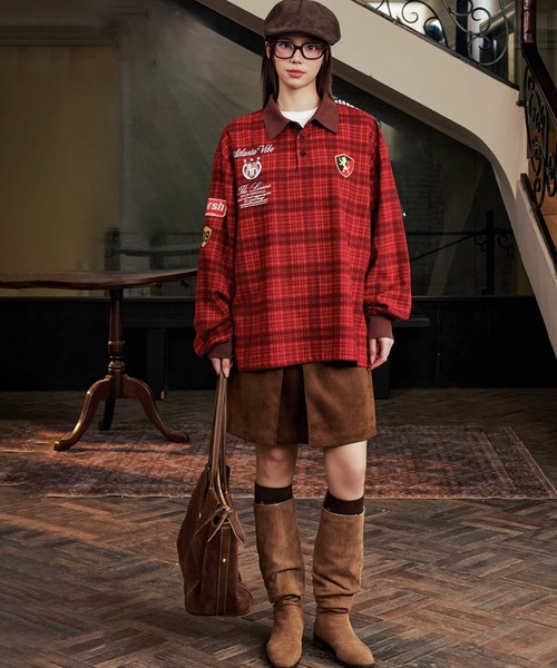 完売品　interbreed 90sデザインチェックポロシャツ ブラック チェック柄ポロシャツ クラシック 刺繍ロゴ オーバーサイズ ユニ
