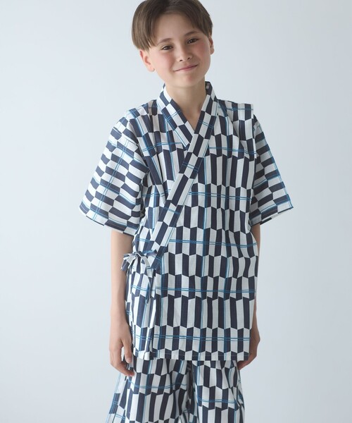 green label relaxing（グリーンレーベルリラクシング）の「甚平 モダン幾何学 チェック/ キッズ（浴衣・キッズ・ブラウン/ネイビー・S/M/L）」の3枚目の写真