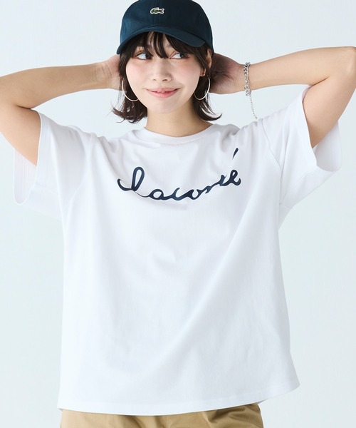 tシャツ 「オンライン限定」LACOSTE スクリプトネームロゴ  ルーズシルエットハーフスリーブTシャツ レディース メンズ オンライン限定】LACOSTE スクリプトネームロゴ ルーズ