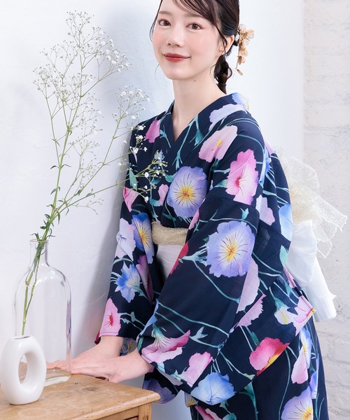 SHE HER HER HERS(シーハーハーハーズ)の「ワンピース浴衣【ワンピース・羽織・しわ兵児帯3点セット】(浴衣・レディース・ホワイト×ネイビー/ホワイト×パープル/ホワイト×イエロー/ネイビー×ホワイト/C/B/A/F/E/D・FREE)」の6枚目の写真