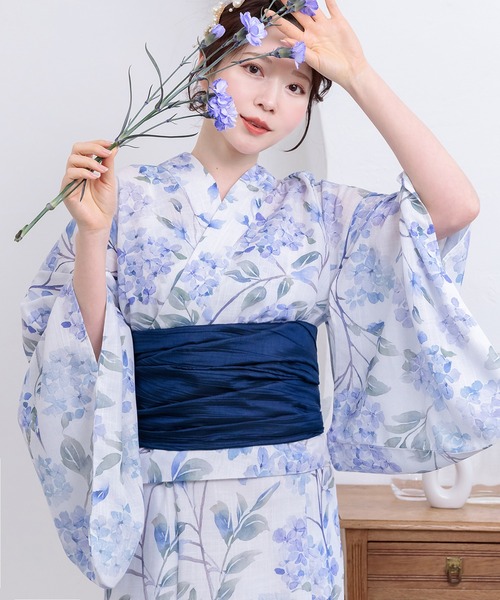 SHE HER HER HERS(シーハーハーハーズ)の「ワンピース浴衣【ワンピース・羽織・しわ兵児帯3点セット】(浴衣・レディース・ホワイト×ネイビー/ホワイト×パープル/ホワイト×イエロー/ネイビー×ホワイト/C/B/A/F/E/D・FREE)」の7枚目の写真