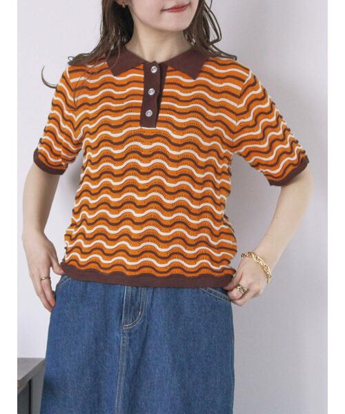 ehka sopo（エヘカソポ）の「配色透かし編みポロシャツ（ニット/セーター・レディース・オフホワイト/サックスブルー/オレンジ・F）」の3枚目の写真