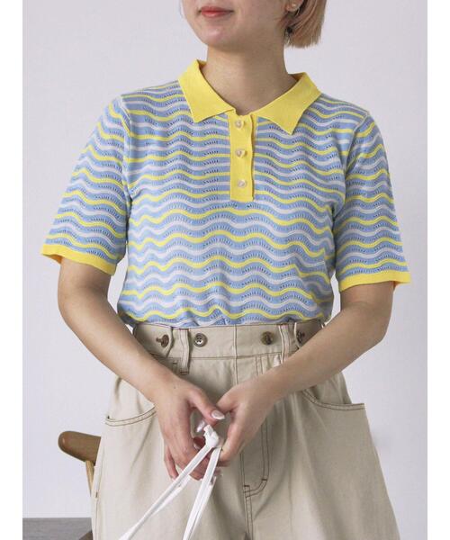 ehka sopo（エヘカソポ）の「配色透かし編みポロシャツ（ニット/セーター・レディース・オフホワイト/サックスブルー/オレンジ・F）」の4枚目の写真