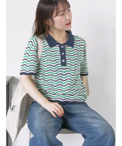 ehka sopo（エヘカソポ）の「配色透かし編みポロシャツ（ニット/セーター・レディース・オフホワイト/サックスブルー/オレンジ・F）」の5枚目の写真