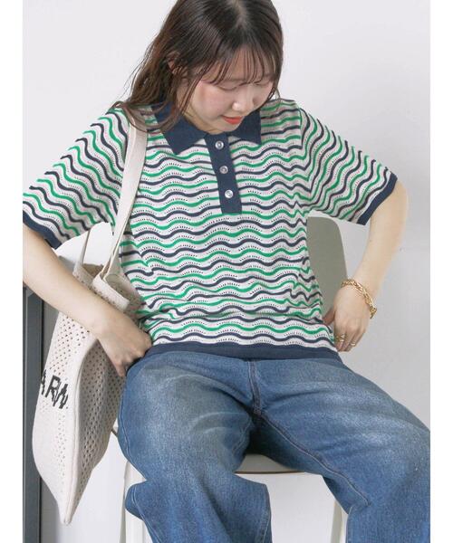 ehka sopo（エヘカソポ）の「配色透かし編みポロシャツ（ニット/セーター・レディース・オフホワイト/サックスブルー/オレンジ・F）」の6枚目の写真
