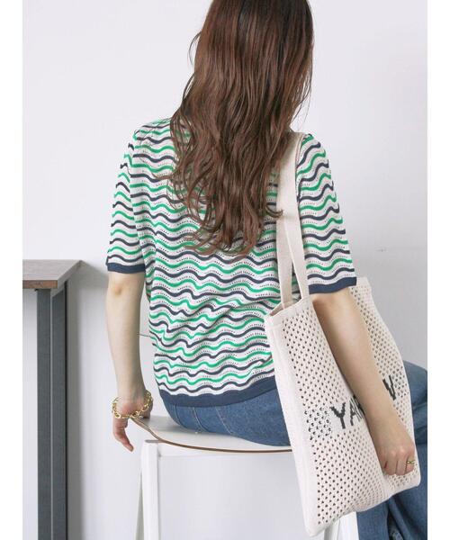 ehka sopo（エヘカソポ）の「配色透かし編みポロシャツ（ニット/セーター・レディース・オフホワイト/サックスブルー/オレンジ・F）」の8枚目の写真