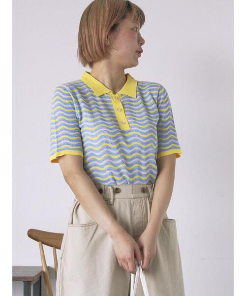 ehka sopo（エヘカソポ）の「配色透かし編みポロシャツ（ニット/セーター・レディース・オフホワイト/サックスブルー/オレンジ・F）」の12枚目の写真