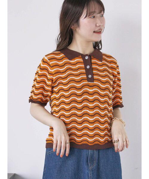 ehka sopo（エヘカソポ）の「配色透かし編みポロシャツ（ニット/セーター・レディース・オフホワイト/サックスブルー/オレンジ・F）」の19枚目の写真