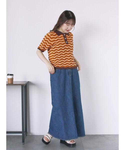 ehka sopo（エヘカソポ）の「配色透かし編みポロシャツ（ニット/セーター・レディース・オフホワイト/サックスブルー/オレンジ・F）」の22枚目の写真